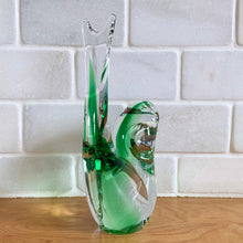 Load image into Gallery viewer, A gracefully sculpted green and clear vintage art glass dove bird figurine with nicely polished bottom. Produced by Rubelli V. A. Murano in Italy.  In excellent condition, free from chips/cracks.  This bird stands 2-1/4&quot; wide x 3-1/4&quot; deep x 6&quot; tall.
