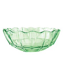 Load image into Gallery viewer, This authentic art deco green depression glass serving bowl from the 1930s boasts a gorgeous scalloped edge and ribbed detail with a central Moroccan star for a one-of-a-kind statement piece. Perfect for serving desserts or as a chic catchall. Add sophisticated vintage flair to your home décor with this timeless piece.  In excellent condition, free from chips or cracks.  Measures 8 1/4 x 3 1/4 inches
