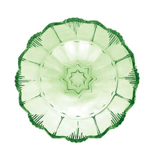 Load image into Gallery viewer, This authentic art deco green depression glass serving bowl from the 1930s boasts a gorgeous scalloped edge and ribbed detail with a central Moroccan star for a one-of-a-kind statement piece. Perfect for serving desserts or as a chic catchall. Add sophisticated vintage flair to your home décor with this timeless piece.  In excellent condition, free from chips or cracks.  Measures 8 1/4 x 3 1/4 inches
