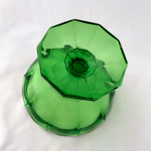 Load image into Gallery viewer, A vibrant emerald green footed compote or candy bowl. It has a beautiful scalloped both atop a 10-sided footed pedestal. Perfect to serve candies or nuts. Easily repurpose as a catchall or vanity/dresser to hold cotton balls, bath bombs or trinkets. It&#39;s such an elegant statement piece and will and drama to any home decor style!  In excellent condition, no chips or cracks. Maker unknown.  Measures 5 3/8 x 3 7/8 inches
