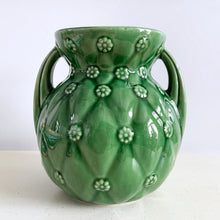 Load image into Gallery viewer, Beautiful art deco style vintage green double-handled vase in the &quot;Embossed Flowers and Diamond&quot; pattern. Produced by Shawnee Pottery U.S.A., circa 1940s. Fill with a lovely flower arrangement or use as a decor piece. A great collector&#39;s piece!  In excellent condition, free from chips/cracks/repairs. Impressed mark on the bottom &quot;Shawnee U.S.A. 827&quot;.  Measure 5 x 7 inches
