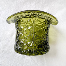 Load image into Gallery viewer, This sweet green glass top hat candy dish features the classic &quot;Daisy and Button&quot; pattern #2371. Crafted by the Indiana Glass Company, USA, circa 1970s. Fill this vessel with candies, nuts or repurpose as a catchall or office supply holder. A classic piece of American pressed glass!  In excellent condition, free from chips.  Measures 4 1/2 x 3 1/4 inches
