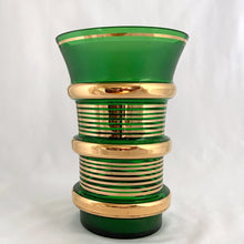 Load image into Gallery viewer, Stunning boho style glass vase in forest green with brilliant gold stripes and protruding ribs finishing in a trumpet shape. Likely produced in Czechoslovakia, maker unknown.  In excellent condition, no chips or cracks.  Measures 5 3/4 x 8 1/4 inches

