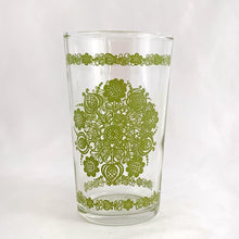 Load image into Gallery viewer, Vintage clear glass tumblers with green floral medallion graphic. Produced by Federal Glass, USA, circa 1960s. This glass has never seen a dishwasher!  In excellent condition, no chips or cracks.   Measures 2 3/4 x 4 3/4 inches  Capacity 10 ounces
