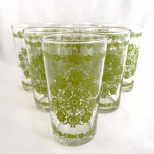 Load image into Gallery viewer, Vintage clear glass tumblers with green floral medallion graphic. Produced by Federal Glass, USA, circa 1960s. This glass has never seen a dishwasher!  In excellent condition, no chips or cracks.   Measures 2 3/4 x 4 3/4 inches  Capacity 10 ounces
