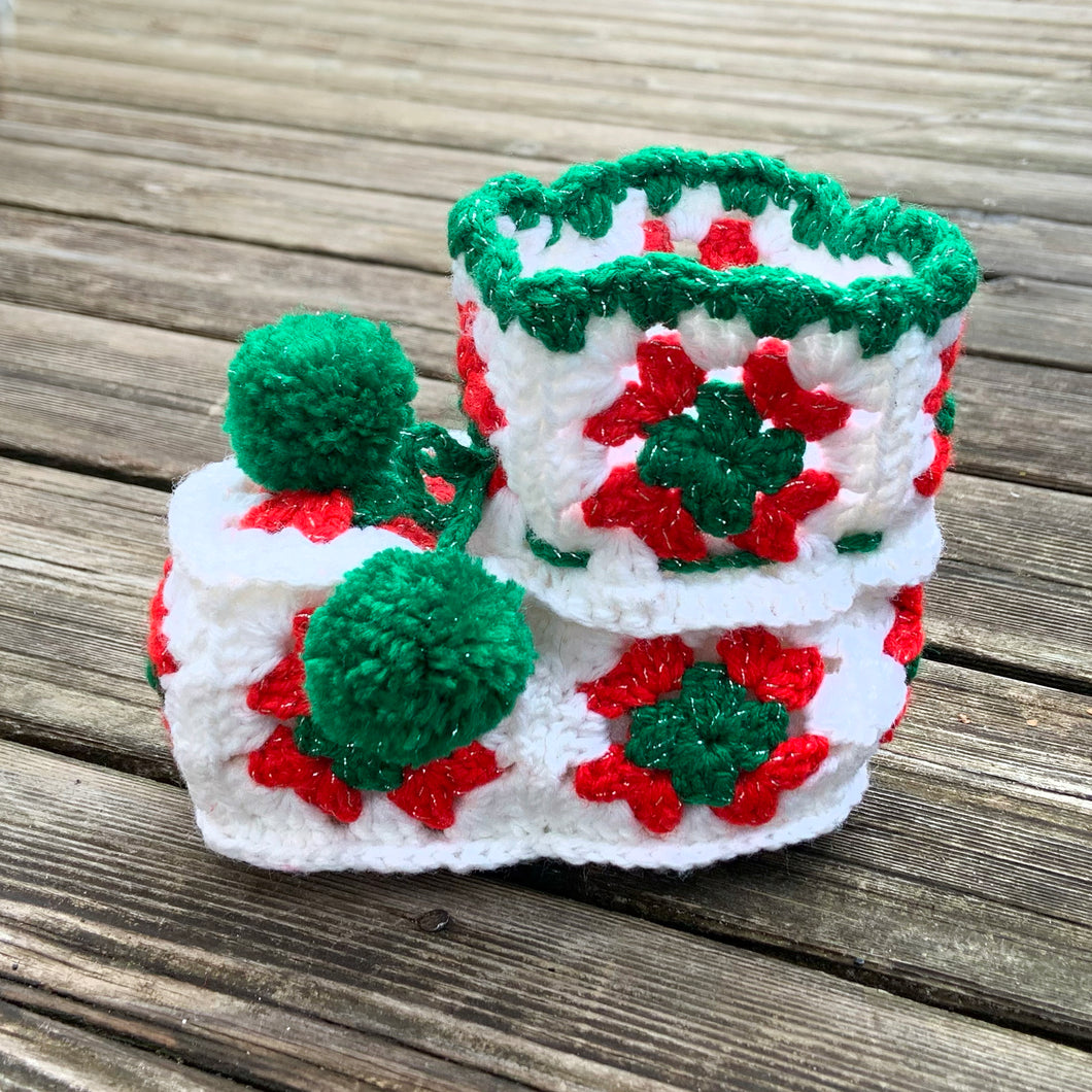Sweet vintage handmade crocheted granny squares red, green and white Christmas bootie with green pom pom tie. Such a lovely decor piece or use as a baby stocking In excellent condition.  Measures approximately 6