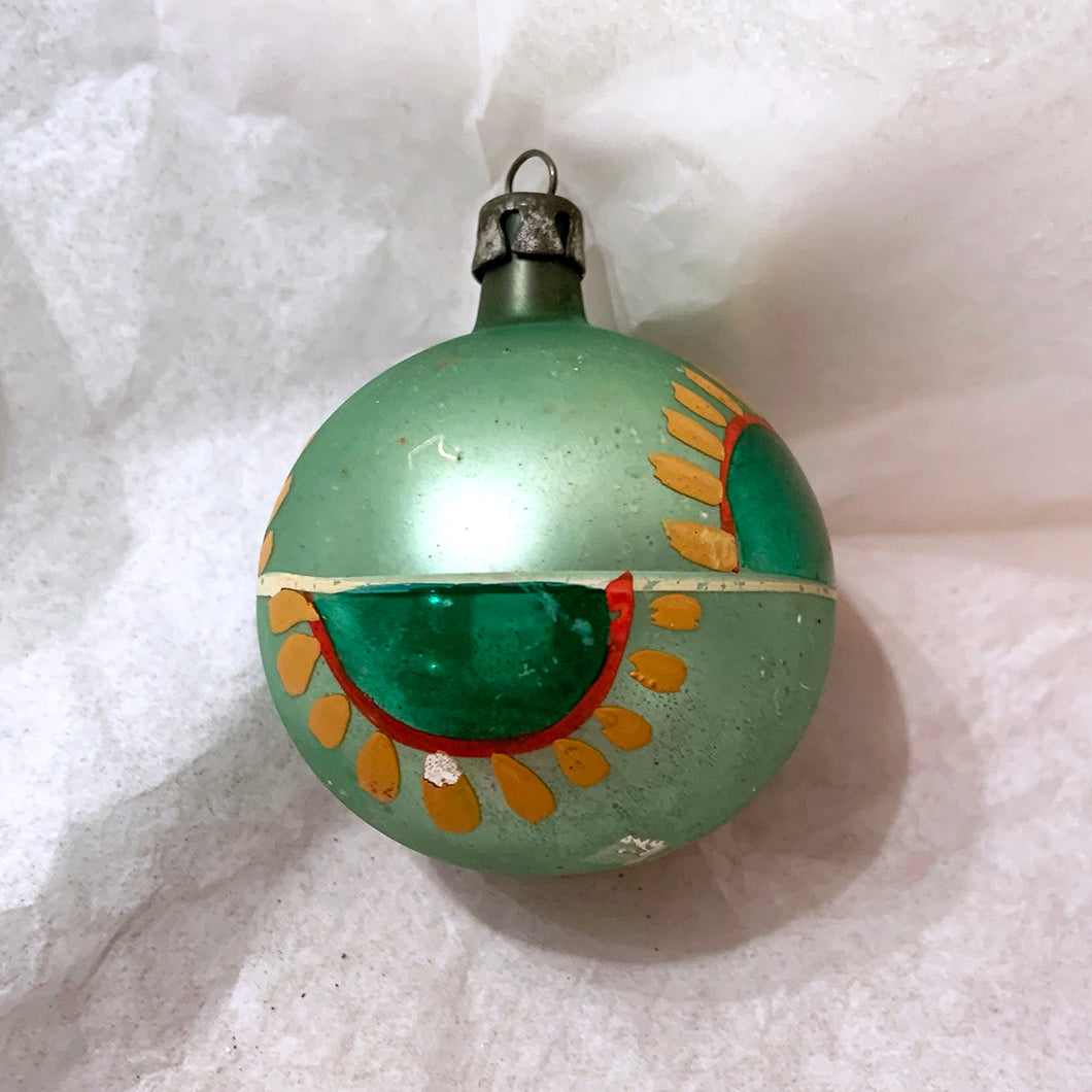 Vintage Hand Blown Pale Green Glass Ball Christmas Ornament Painted w/ Green Red and Yellow Graphic, Poland