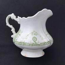 Load image into Gallery viewer, Antique White Ironstone Green Transferware five inch 5&quot; Pitcher by JHW &amp; Sons Hanley England Creamer decorative handle handled classic urn shape scalloped foot Early English ceramic porcelain collectible collector simple elegance home decor victorian Stamped bottom British Flag Home Decor Boho Bohemian Shabby Chic Cottage Farmhouse Mid-Century Modern Industrial Retro Flea Market Style Unique Sustainable Gift Antique Prop GTA Hamilton Toronto Canada shop store community seller reseller vendor
