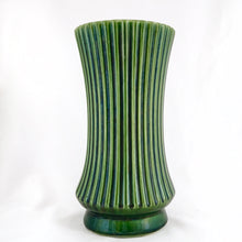 Load image into Gallery viewer, Large sized vintage green ribbed art pottery art deco style vase. Produced by UPCO, circa 1950. In excellent condition, no chips or cracks. Marked on the bottom. Measures 5 x 10 inches
