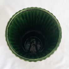 Load image into Gallery viewer, Large sized vintage green ribbed art pottery art deco style vase. Produced by UPCO, circa 1950. In excellent condition, no chips or cracks. Marked on the bottom. Measures 5 x 10 inches
