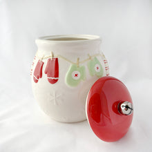 Load image into Gallery viewer, Vintage Hallmark White Christmas Cookie Barrel Jar Festive Holiday Ceramic Snowflakes Mittens Jingle Bell Treats Snacks Toronto Canada shop store community Freelton Hamilton Antique Mall Toronto Canada Shop Store Community Seller Reseller Vendor Home Kitchen Decor Unique Gift Biscotti Biscuits
