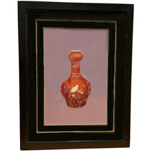 Load image into Gallery viewer, From a distance, one would think this burnt orange vase is a painting, however, it&#39;s actually a stunning hand embroidered silk thread on fine Chinese mauve silk depicting a botanical scene with bird and flowers. It&#39;s an absolute masterpiece!  In excellent condition.  Image measures 7 1/2 x 11 1/4, frame measures 13 1/8 x 17 inches
