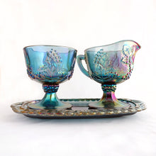 Load image into Gallery viewer, Vintage blue carnival glass creamer, sugar and tray set in the  &quot;Harvest&quot; pattern. Produced by the Indiana (Colony) Glass Co. between 1973 - 1976.
