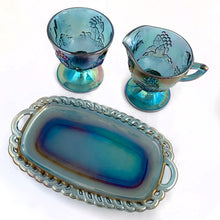 Load image into Gallery viewer, Vintage blue carnival glass creamer, sugar and tray set in the  &quot;Harvest&quot; pattern. Produced by the Indiana (Colony) Glass Co. between 1973 - 1976.
