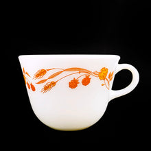 Load image into Gallery viewer, Vintage Pyrex white milk glass handled cup in the &quot;Harvest Home&quot; pattern. A pretty cup with brown, orange and yellow wheat sheaves and flowers and berrries. Microwave safe. Produced by Corning USA, circa 1980.  In excellent condition, free from chips/cracks/wear.  Cup measures 3-3/4 x 2-3/4 inches  Capacity 10 ounces
