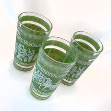 Load image into Gallery viewer, Vintage Mid Century Jeannette Glass Co. Jasperware Green Wedgwood Hellenic Grecian Pattern 9oz High Hi Ball Highball Cocktail Glasses Glass Bar Barware Cart Entertain Dinner Water Alcohol Liquor Drinking Drinks Party 1960s 1950s MCM Retro Freelton Antique Mall Toronto Canada
