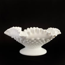 Load image into Gallery viewer, Vintage white milk glass is the epitome of simple elegance! This pretty piece is a footed compote bowl in the &quot;Hobnail&quot; pattern. Produced by Fenton, pre 1970. Unmarked. In excellent condition, free from chips or cracks.  Measures 8-1/4&quot; x 3-1/2&quot;
