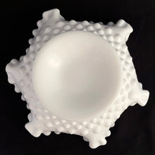Load image into Gallery viewer, Vintage white milk glass is the epitome of simple elegance! This pretty piece is a footed compote bowl in the &quot;Hobnail&quot; pattern. Produced by Fenton, pre 1970. Unmarked. In excellent condition, free from chips or cracks.  Measures 8-1/4&quot; x 3-1/2&quot;
