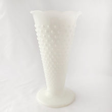 Load image into Gallery viewer, A white milk glass trumpet vase in the &quot;Hobnail&quot; pattern with a lovely scalloped edge. Produced by  Anchor Hocking. This is THE quintessential shabby chic vase and it looks beautiful with or without flowers.  In excellent condition, no chips or cracks.  Size 5&quot; x 9-1/2&quot;
