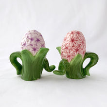 Load image into Gallery viewer, Sweet pair of figural hand painted vintage purple and pink hyacinth salt and pepper shakers. Maker unknown.  In excellent condition, free from chips/cracks/repairs with original stoppers.  Measures 3&quot; tall
