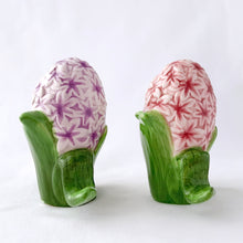 Load image into Gallery viewer, Sweet pair of figural hand painted vintage purple and pink hyacinth salt and pepper shakers. Maker unknown.  In excellent condition, free from chips/cracks/repairs with original stoppers.  Measures 3&quot; tall
