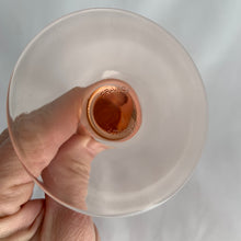 Load image into Gallery viewer, Delightful pink stemmed claret wine glasses in the &quot;Rose&quot; pattern. Set of six. Produced in France by Luminarc, circa 2000.  In excellent condition, free from chips/cracks. Marked &quot;France&quot; and &quot;luminarc&quot; on the bottom.  Measures 2-3/4&quot; x 7-1/4&quot;
