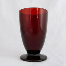 Load image into Gallery viewer, Vintage &quot;Ice Tea Royal Ruby&quot; footed tumbler glass. Anchor Hocking Glass Company, circa 1940s.  In excellent condition, free from chips and cracks.  Measures 3 1/4 x 4 7/8 inches
