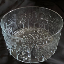 Load image into Gallery viewer, This is a wonderful salad or dessert serving bowl in the &quot;Flora&quot; pattern. Designed by Oiva Toikka in 1966 first for Nuutajarvi and then for Iittala of Finland. Unique and truly gorgeous raised floral design. The perfect piece of art glass to grace your tablescape!  In excellent condition, free from chips/cracks.  Measures 9 1/2 x 5 1/2 inches
