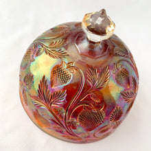 Load image into Gallery viewer, A gorgeous and rare piece of antique Iridescent amber carnival glass dome in the &quot;Inverted Strawberry&quot; pattern. Made by the Cambridge Glass Company, circa 1920. Could be paired with an amber carnival glass plate to complete, or craftily repurpose as a hanging planter.  In excellent condition. The glass is bright shiny and clear.  Dome only.  Measures 5 1/2 x 4 3/4 inches

