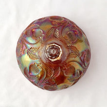 Load image into Gallery viewer, A gorgeous and rare piece of antique Iridescent amber carnival glass dome in the &quot;Inverted Strawberry&quot; pattern. Made by the Cambridge Glass Company, circa 1920. Could be paired with an amber carnival glass plate to complete, or craftily repurpose as a hanging planter.  In excellent condition. The glass is bright shiny and clear.  Dome only.  Measures 5 1/2 x 4 3/4 inches
