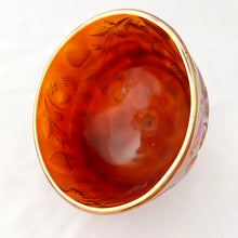 Load image into Gallery viewer, Antique Deep Amber Carnival Glass Inverted Strawberry Covered Butter Dome Cover Cambridge Glass USA Covered Butter Dome Glassware Pressed Depression Home Decor Boho Bohemian Shabby Chic Cottage Farmhouse Mid-Century Modern Industrial Retro Flea Market Style Unique Sustainable Gift Antique Prop GTA Hamilton Toronto Canada shop store community seller reseller vendor
