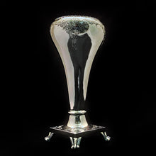 Load image into Gallery viewer, Gorgeous silver plated inverted teardrop footed vase with lovely engraved details and beaded edge. This piece is absolutely gorgeous and will look even more so with a beautiful floral arrangement. A superb decor accessory!  Maker&#39;s marks on the bottom are difficult to decifer. Made in England.  In great vintage condition and all shined up.  Measures 3-3/4 x 8-1/4 inches
