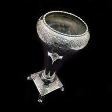 Load image into Gallery viewer, Gorgeous silver plated inverted teardrop footed vase with lovely engraved details and beaded edge. This piece is absolutely gorgeous and will look even more so with a beautiful floral arrangement. A superb decor accessory!  Maker&#39;s marks on the bottom are difficult to decifer. Made in England.  In great vintage condition and all shined up.  Measures 3-3/4 x 8-1/4 inches
