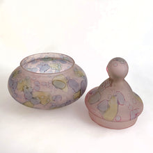Load image into Gallery viewer, Israeli Hand Blown and Painted Glass Lidded Trinket Dish Covered ink blots spots dresser vanity cotton balls flea market style home decor shabby chic bathroom q-tip Urn Freelton Hamilton Antique Mall Toronto Canada
