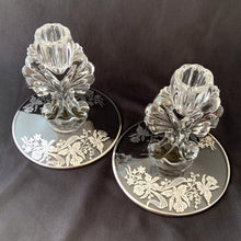 Load image into Gallery viewer, Vintage Pair Two Beautiful Table Janice Candlesticks Silver Floral Overlay Daffodils New Martinsville Glass Co. elegant glassware tableware entertaining romantic candlelight ambiance special occasion dinner party dining Home Decor Boho Bohemian Shabby Chic Cottage Farmhouse Victorian Mid-Century Modern Industrial Retro Flea Market Style Unique Sustainable Gift Antique Prop GTA Eds Mercantile Hamilton Toronto Canada shop store community seller reseller vendor
