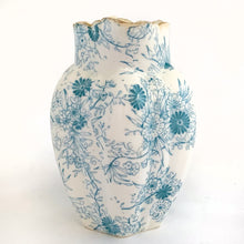 Load image into Gallery viewer, We are thrilled to offer from our personal collection this rare and beautiful RARE antique daisy-shaped bone china creamer pitcher in the complex floral &quot;Jungle Print&quot; pattern in turquoise. Produced by JF Wileman, the precursor to Foley and Shelley in England, circa 1889.   In good condition for age. Several small chips at the rim. No cracks or crazing. Wileman backstamp with registration marks &quot;117220&quot; and &quot;115540&quot; with &quot;6088&quot; in gold denoting the pattern name.  Measures 2-1/4&quot; x 3-1/4&quot;

