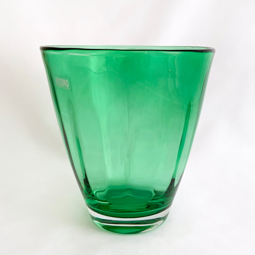 Beautiful hand blown ribbed green glass vase with a clear base. Made by Krosno Poland.  With nearly 100 years of excellent craftsmanship renowned for its attention to the very last detail, KROSNO has become an icon in Polish glassware. The brand is recognized at home and abroad for its quality, beauty, sophistication and crystal clarity.  In mint condition, no chips or cracks. Original sticker.  Measures 6 x 7 inches