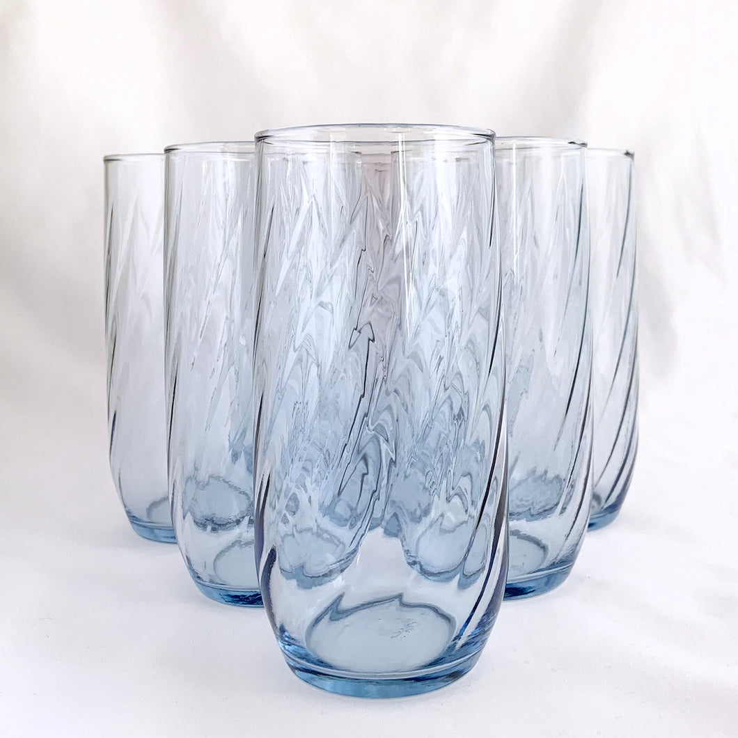 We are digging the swirl optic and pale blue colour of these tall glasses. The pattern is 