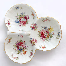 Load image into Gallery viewer, Lovely vintage three-part handled &quot;Lady Patricia&quot; relish dish with shell-shaped, scalloped edge tri-foil bowls decorated with colourful florals and gold gilt details. Produced by Hammersley, England, circa 1950s/60s.  In excellent condition, free from chips/cracks/repairs.  Measures 8-5/8&quot; x 2-3/4&quot;
