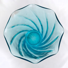 Load image into Gallery viewer, Capri blue swirled glass, flared shaped vase with a ruffled edge. Produced by the Hazel-Atlas Glass company between 1940s - 1960s. In excellent condition, free from chips/cracks. Measures 3 5/8 (base) 6 1/2 (rim) x 8 3/8 inches (height)
