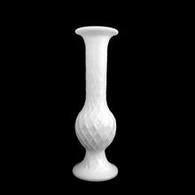 Load image into Gallery viewer, A vintage lattice patterned  white milk glass bud vase. Produced by the Randall Glass Company. Any flower arrangement will look lovely in this simple and elegant white vase. A perfect addition to your vintage, farmhouse or wedding decor.  In excellent condition, no chips or cracks.  Measures 6 inches
