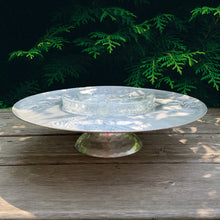 Load image into Gallery viewer, Serve your guests well with this awesome vintage Lazy Susan serving tray with rose details and a Buttons &amp; Stars pattern divided relish dish! The large, light weight, aluminium tray rotates freely for ease of serving guests. The pedestal is nicely crafted. Perfect for any occasion!  In great vintage condition with minor wear. Glass is mint.  Measures 14 1/2 x 3 3/4 inches
