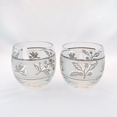 Vintage MCM Libbey Roly Poly Frosted Silver Botanicals and Birds Cocktail Glasses Cocktail Glass Bar Barware Entertaining Drinking Drinks Party 1960s MCM Retro Cocktails Freelton Antique Mall Toronto Canada