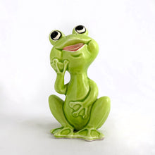 Load image into Gallery viewer, Adorable vintage mid-century ceramic figurine of a smiling and seated lime green frog. Produced by Noritake of Japan for Gift Craft Toronto, circa 1970s. A great decor piece...it&#39;s just such a happy and fun piece!  In excellent  condition free from chips/cracks/repairs.  Measures 3 1/2 inches tall
