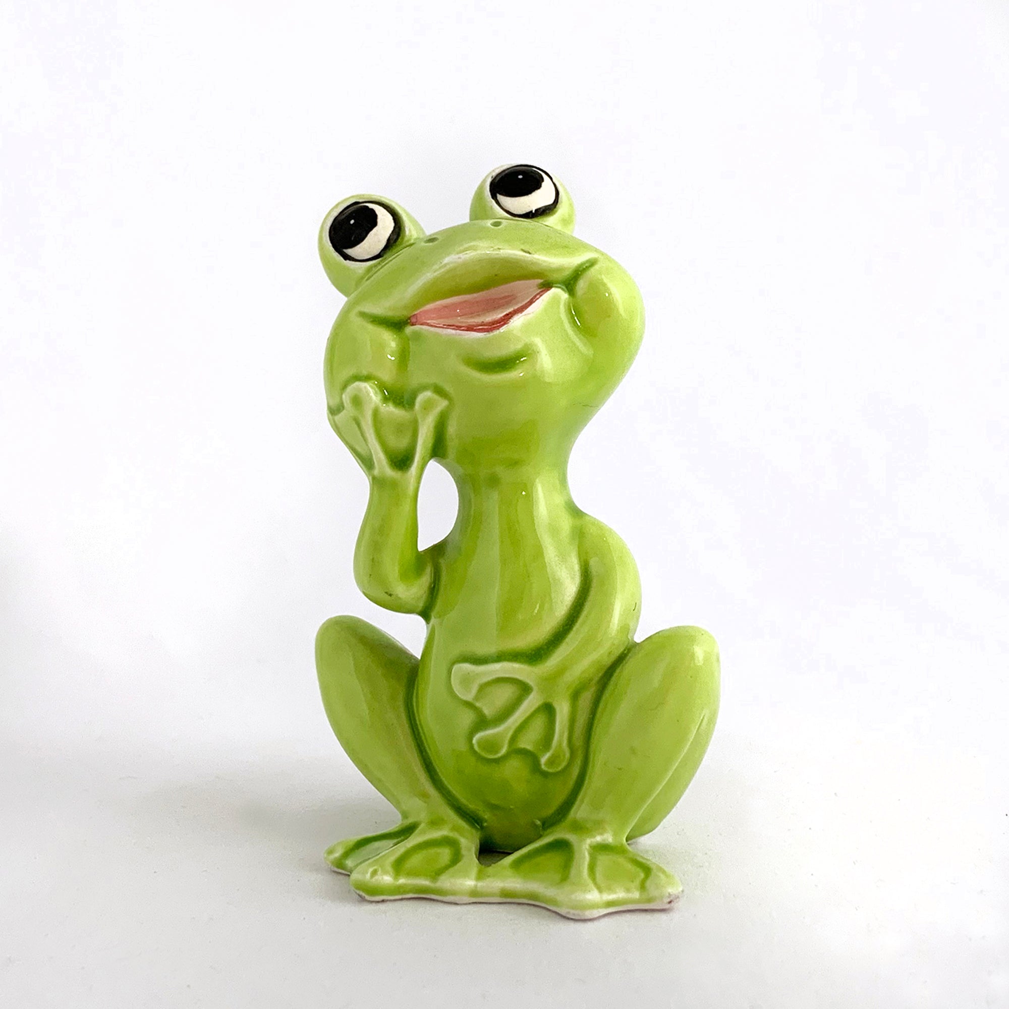 Vintage Mid-Century Ceramic Lime Green Smiling Seated Frog