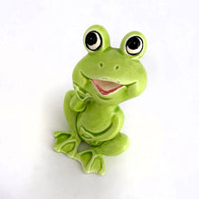 Load image into Gallery viewer, Adorable vintage mid-century ceramic figurine of a smiling and seated lime green frog. Produced by Noritake of Japan for Gift Craft Toronto, circa 1970s. A great decor piece...it&#39;s just such a happy and fun piece!  In excellent  condition free from chips/cracks/repairs.  Measures 3 1/2 inches tall
