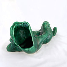 Load image into Gallery viewer, Fantastic vintage retro ceramic figural planter of a bikini clad, sunglass wearing sexy lounging green frog. A great decor piece or plant this froggy some hair with your fave houseplant or succulent. It&#39;s just so funky and in the running to be voted the internet&#39;s &#39;sexiest&#39; frog!   In excellent  condition free from chips/cracks.  Measures 12&quot; x 4-1/2&quot; x 5&quot;
