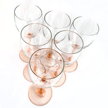 Load image into Gallery viewer, Delightful pink stemmed claret wine glasses in the &quot;Rose&quot; pattern. Set of six. Produced in France by Luminarc, circa 2000.  In excellent condition, free from chips/cracks. Marked &quot;France&quot; and &quot;luminarc&quot; on the bottom.  Measures 2-3/4&quot; x 7-1/4&quot;
