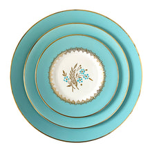 Load image into Gallery viewer, Beautiful set of porcelain &quot;Lyric&quot; Turquoise and gold luncheon dish set. Produced by Myott&#39;s under their &quot;China-Lyke Ware&quot; line. Staffordshire England, circa 1950.  In great vintage condition, free from chips/cracks/repairs.  Luncheon plate 10&quot;  Salad plate 8&quot;  Butter plate 6-1/4&quot;
