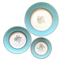 Load image into Gallery viewer, Beautiful set of porcelain &quot;Lyric&quot; Turquoise and gold luncheon dish set. Produced by Myott&#39;s under their &quot;China-Lyke Ware&quot; line. Staffordshire England, circa 1950.  In great vintage condition, free from chips/cracks/repairs.  Luncheon plate 10&quot;  Salad plate 8&quot;  Butter plate 6-1/4&quot;
